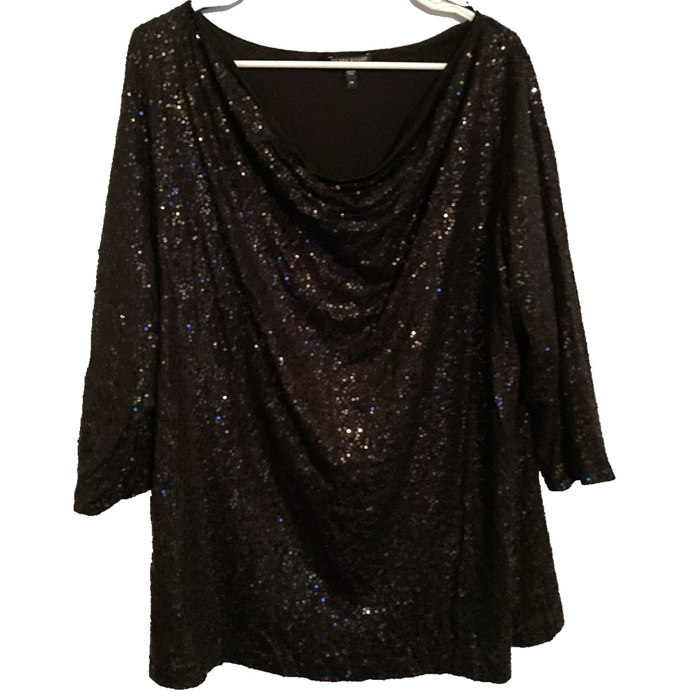Eileen Fisher Shirt Womens 2X Black Silk Sequin Cowl Neck Top Party Evening EUC